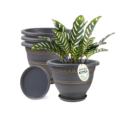 10 Inch Plaid Plant Pots 4 Pack with Drainage and Saucers Gold | Gold plaid PP pots with drainage holes and saucers for herbs flowers succulents indoor patio porch - color: Gold, size: 10 Inches-4 packs