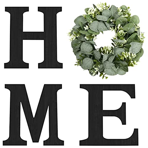 Wood Home Sign with Eucalyptus Wreath for O Home Decor Wall Decor | Hanging Farmhouse Wall House Decor Wood Letters for Wall Art Rustic Home Wall Decor Living Room Kitchen Entryway Black L - color: Black+Eucalyptus, size: 11.8L" x 11.8W"