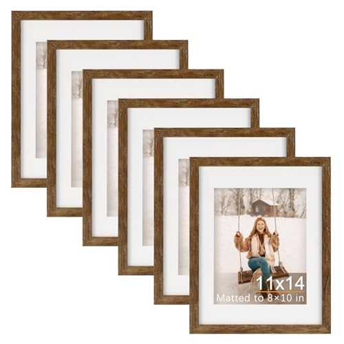 TOFOREVO 11x14 Picture Frames with 8x10 Mat Set of 6, Rustic Brown | Wood Grain Design, Wall Mounting or Tabletop Display, for Christmas Mother's Day Father's Day birthday - color: Rustic Wood, size: 11x14