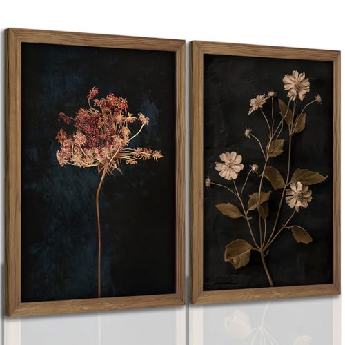 2Pcs Framed Vintage Wall Art Prints, Retro Moody Floral Botanical Canvas Painting Farmhouse Decor, Black Dark Flower Picture Poster for Bathroom, Bedroom, Living Room, Gallery 12X16In - color: Moody Botanical 2pcs, size: 12x16 Inches