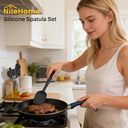 NileHome Silicone Spatula Set, 6 Pieces Food Grade Kitchen Utensils with Silicone Brush Heat Resistant Up to 600°F Dishwasher Safe BPA-Free Rubber Spatula for Scraping, Baking, Cooking, Mixing-Black | Food-Grade Material,Heat Resistant Up to 600°F,Dishwas