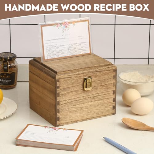 KIRIGEN Wooden Recipe Box with Cards and Dividers, 2 Compartments, Brown | Recipe Card Box Includes About 100 Cards, 100 Protectors, 12 Dividers, Acrylic Shield, Hinged Lid, and Metal Clasp - color: Brown