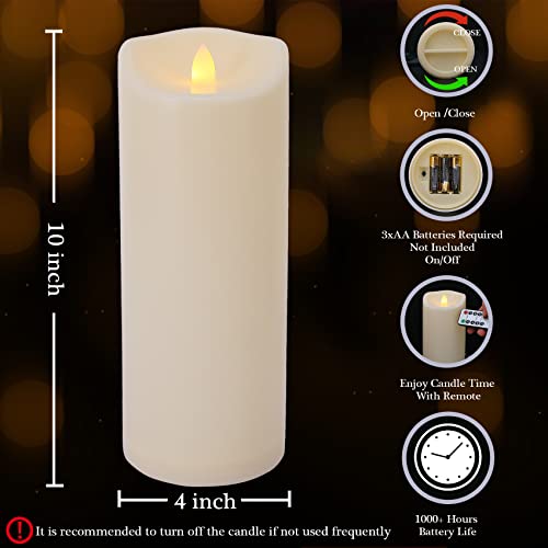 Large 10" x 4" Outdoor Waterproof Flameless Candles with Remote and Timers, 1000 Hours Battery Operated LED Flickering Pillar Candles for Lanterns, Ivory Plastic, Set of 2 - color: 2 Pack-D4"x H10"