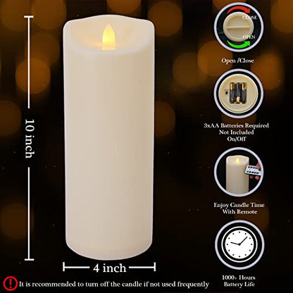 Large 10" x 4" Outdoor Waterproof Flameless Candles with Remote and Timers, 1000 Hours Battery Operated LED Flickering Pillar Candles for Lanterns, Ivory Plastic, Set of 2 - color: 2 Pack-D4"x H10"
