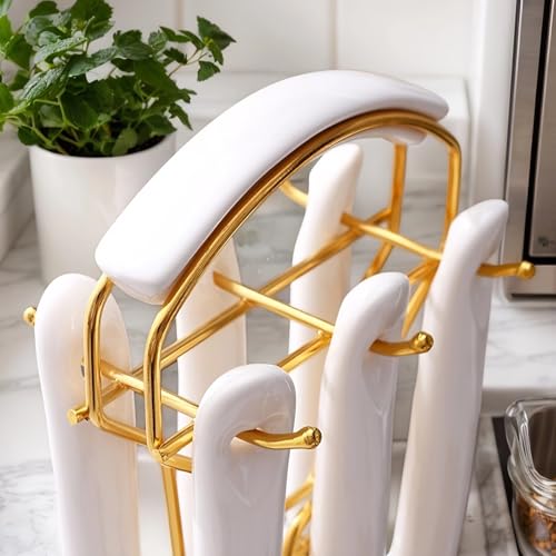Novellus Stainless Steel Gold Kitchen Utensils Set with Holder, 7pcs Kitchen Accessories for Cooking Includes Soup Ladle, Metal Spatula, Slotted Spoon, Slotted Spatula, Pasta Spoon, White & Gold - color: White & Gold