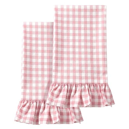 HunnmingRe Light Pink Kitchen Towels Set of 2, 100% Cotton Ruffled Gingham Dish Towels 18"x28" Absorbent Tea Cloths Classic Plaid Pattern for Farmhouse Charm, Drying Dishes, Entertaining Guests - color: Light Pink, style: Gingham