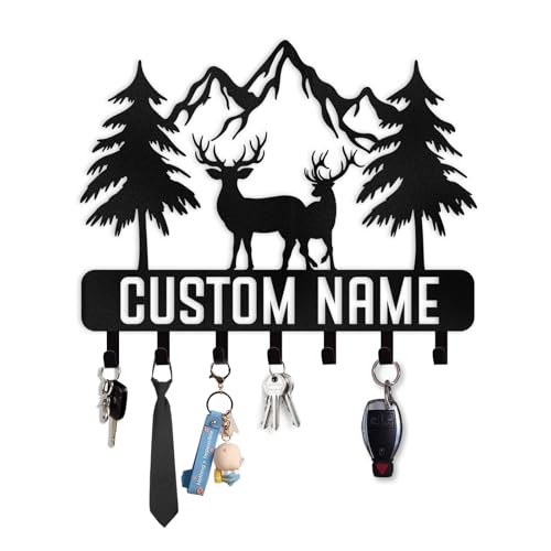 Personalized Key Holder for Wall Decorative - Custom Name Metal Black Deer Coat Hook Key Rack Wall Mount, Key Hooks on Wall, Key Hanger Organizer for Entryway, Front Door, Hallway, Office - color: 04 Mountain & Deer