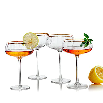 Lysenn Coupe Glasses Set of 4, Vintage Gold Rim Espresso Martini Glass, 9oz | Sturdy Stem, Hand Blown, for Champagne, Martini and Craft Cocktails, Wedding Reception, Dinner Party, Bar Cart, Ideal Gift