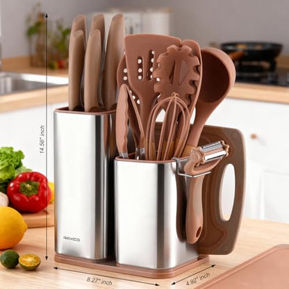 Utensil Sets,18-Piece Silicone Cooking Utensils and Knife Set,Mousse | Dishwasher-Safe Kitchen Utensils,Large Capacity Countertop Organizer for Knives,Utensils,Cutting Board - color: Mousse