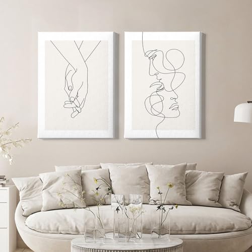 Abstract Couple Line Art Line Face Wall Art Minimalist Line Art Prints Black Line Pictures Holding Hands Canvas Wall Art Black and White Minimalist Poster for Living Room Bedroom 16x24inx2 Framed - color: Abstract Couple Line Art Framed