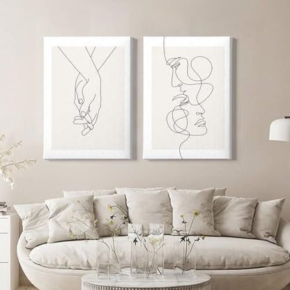 Abstract Couple Line Art Line Face Wall Art Minimalist Line Art Prints Black Line Pictures Holding Hands Canvas Wall Art Black and White Minimalist Poster for Living Room Bedroom 16x24inx2 Framed - color: Abstract Couple Line Art Framed