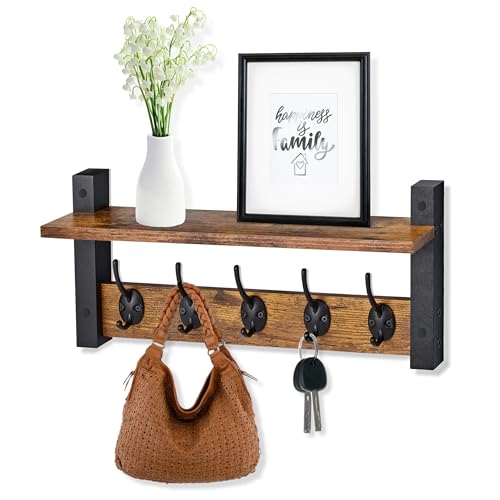 Sorbus Coat Hooks Wall Mount with Shelf – 16 Inch Coat Rack Wall Mount with 5 Heavy Duty Hooks – Floating Wall Shelf with Hooks for Entryway, Bathroom, Bedroom, Kitchen, or Mudroom (Rustic Brown) - color: Rustic Brown, size: 16 Inch