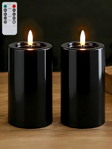 Gmnee 3"x4" Outdoor Waterproof Flameless Candles with Remote Timers Pillar | 2 Pack Black Battery Operated Candles, LED Candles, Electric Fake Candles for Patio, Porch, and Lanterns Decor (Plastic) - color: Black-D3"xH4"