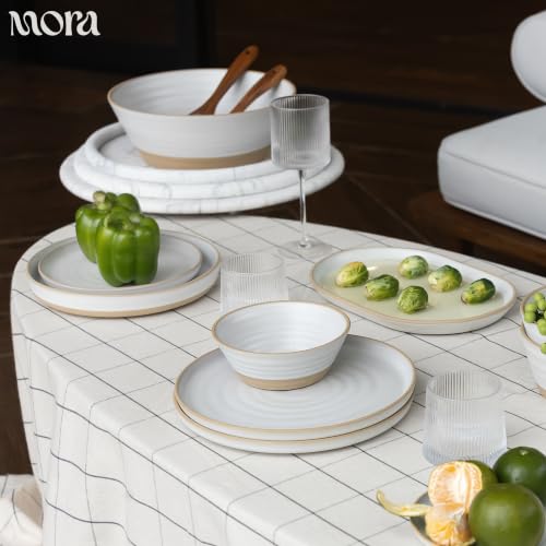 MORA Medium Plates Set of 4, 8.5 inch Ceramic Pottery Salad Plates - Microwave, Oven and Dishwasher Safe - Cloud - color: Cloud