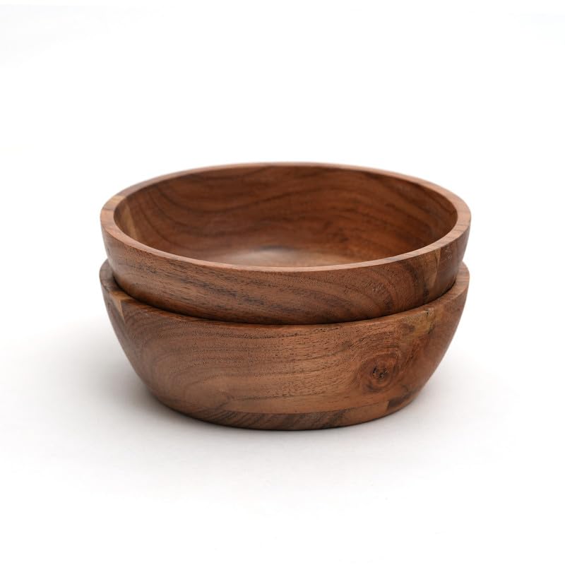 Acacia Wood Bowl Set of 2, 6-Inch Medium Serving Bowls, 400 Cubic cm Volume, 0.40 Liter Capacity, Brown - size: 2 Bowls of 6-Inch (0.40 Liters)