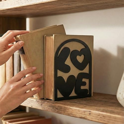 Decorative Book Ends, 2 Pcs Love Decor Metal Bookends Rectangular Black Bookends for Shelf Decoration and Book Organization - style: Love