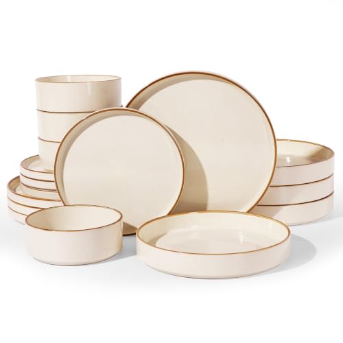 Famiware Nebula 16-Piece Plates and Bowls, Vanilla White with Brown Rim | Stoneware Dinnerware Set with Pasta Bowls, Service for 4 - Chip & Scratch Resistant, Microwave & Dishwasher Safe - color: Vanilla White with Brown Rim, size: Service for 4 (Include
