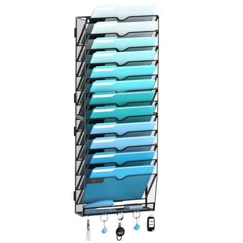 13-Tier Wall File Organizer and Mail Organizer with 5 Hooks, Black | Label slots, curved openings, 5 key hooks, and a bottom tray support organized mail, file, and everyday item storage. - color: Black, size: 13 Tier