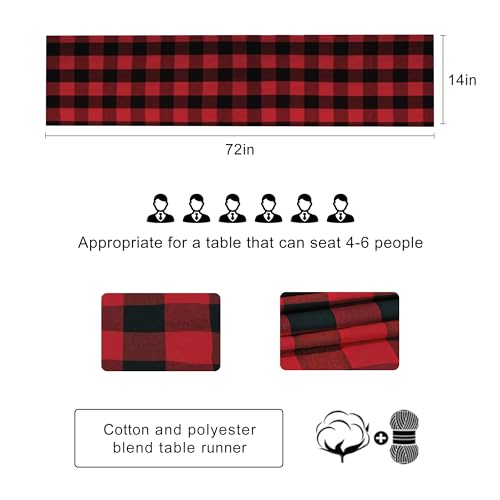 Buffalo Plaid Cotton Blend Table Runner, Classic Farmhouse Checkered Table Runner, 14x72-Red and Black - color: Red and Black, size: 14*72inch