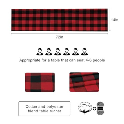 Buffalo Plaid Cotton Blend Table Runner, Classic Farmhouse Checkered Table Runner, 14x72-Red and Black - color: Red and Black, size: 14*72inch