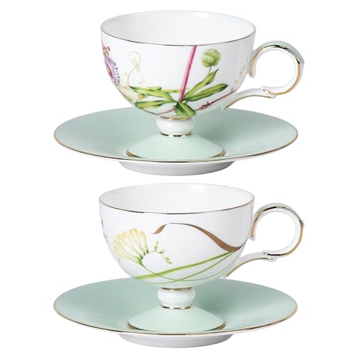 KAMMAK Tea Cups Set of 2,Ceramic Floral Pattern Demitasse Cup | Porcelain Espresso Cup with Saucer, 6.76 oz Handmade Elegant Bone China Tea Cups for Latte, Americano, Cappuccino - color: Freesia & Clematis