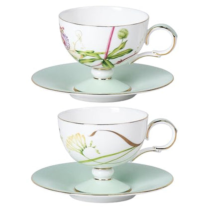 KAMMAK Tea Cups Set of 2,Ceramic Floral Pattern Demitasse Cup | Porcelain Espresso Cup with Saucer, 6.76 oz Handmade Elegant Bone China Tea Cups for Latte, Americano, Cappuccino - color: Freesia & Clematis