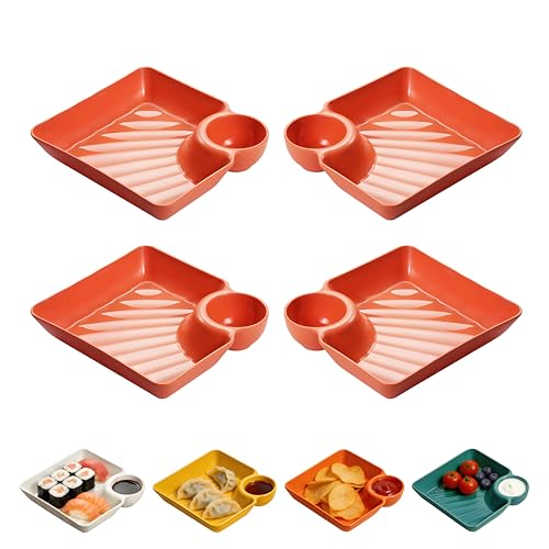 4 Pcs Chips and Salsa Serving Dish Plates, Veggie Platter Dipping Serving Trays with Sauce Rack for Buffet, Family Party, Appetizer, Sushi, Taco, Salsa, Charcuterie, Barbecue Plate. Reusable (Orange) - color: Orange