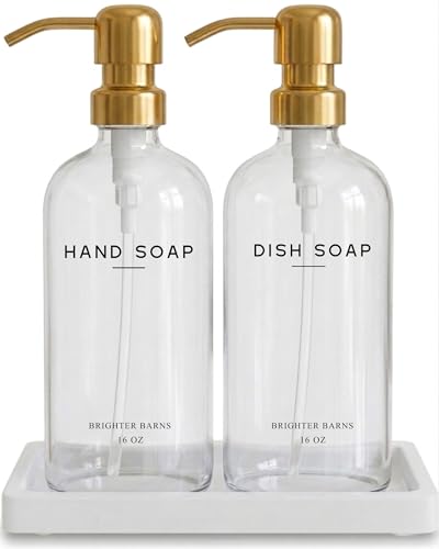 Luxury Glass Hand and Dish Soap Dispenser Set by Brighter Barns - Gold Kitchen Soap Dispenser Set with Stainless Steel Pumps and Ceramic Tray - Modern Kitchen Decor for Home, Airbnb, Gift (Clear/Gold) - color: Clear/Gold Hd