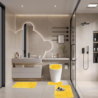 4 Piece Non Slip, Toilet Lid Cover and Contour Mat, Bath Mats Shower Mats Bath Rug Mat for Tub Toilet Bathroom (Yellow) - color: Yellow