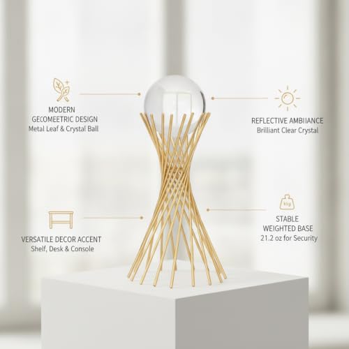 for Shelf, Desk, or Console Table Display: Modern Geometric Metal Leaf and Crystal Ball Sculpture Accent (1 PC) - size: 5.51 x 5.51 x 11.02 in