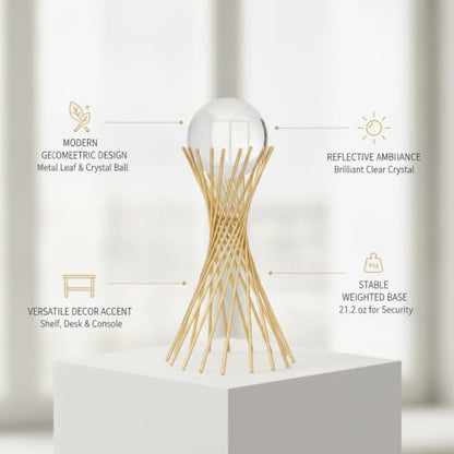 for Shelf, Desk, or Console Table Display: Modern Geometric Metal Leaf and Crystal Ball Sculpture Accent (1 PC) - size: 5.51 x 5.51 x 11.02 in