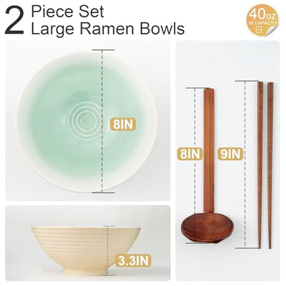 8 Inch Ceramic Ramen Bowl Set of 2, 40oz Japanese Bowls with Spoons & Chopsticks,Durable,Microwave & Dishwasher Safe,Perfect for Ramen,Pho,Salad,Soup,Noodles，Mixing bowls（Cyan Sea） - color: Cyan Sea