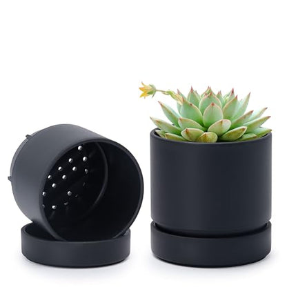 Phoenix Vine 4 Inch Planter Pot with Drainage Hole & Saucer, Deep Water Catch Tray, Straight Cylindrical Round Pot for Plants, Matte Black, Pack of 2, 23-C-R-2 - color: Matte Black, size: 4" (2 Pack)