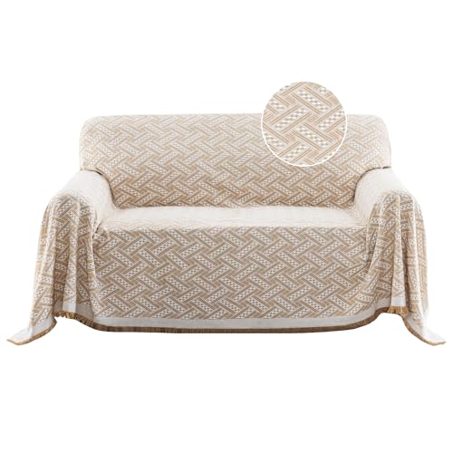 Turquoize Cotton Sofa Cover Couch Covers Furniture Throw Cover for Couches Washable Sectional Sofa Couch Covers for Dogs Feature Geometrical Woven Jacquard Fabric(71"x 102", Large, Khaki/White) - color: Khaki/White, size: Large: 71"x 102"