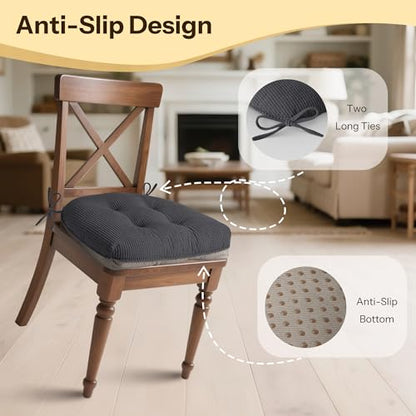 Anti Slip Kitchen Chair Cushions Set of 4 18"X16.5"X3" Dark Grey | Elegant Breathable Textured Fabric, with Ties, Tufted, Thick Polyester Filling, for Dining Chairs, Folding Chairs, Office - color: Dark Grey