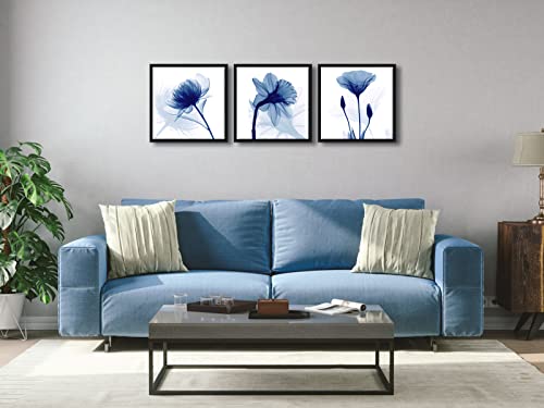 Wieco Art Framed Blue Abstract Flowers 3 Panels Canvas Prints Wall Art Modern Pictures Artwork for Living Room Bedroom Home and Office Decorations with Black Frame - size: 12x12inchx3pcs (Framed)