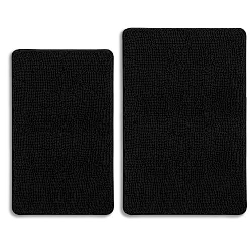 Black Bathroom Rugs Sets 2 Piece – Absorbent and Washable Bath Mat, Non-Slip, Thick Soft Chenille Bath Rugs for Bathroom Floor, Shower, Sink - 20" x 32"+24" x 36" - color: Black, size: 24"x36" and 20"x32"