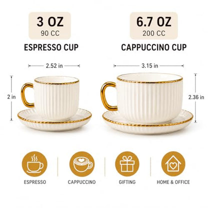 Espresso Cups with Saucers, Set of 6, Stackable Demitasse Coffee Cups with Gold Trim, Lead-Free Ceramic Cappuccino Mugs for Coffee Bar, Latte, Mocha, Tea - Modern Home Cafe (3, Fluid Ounces)