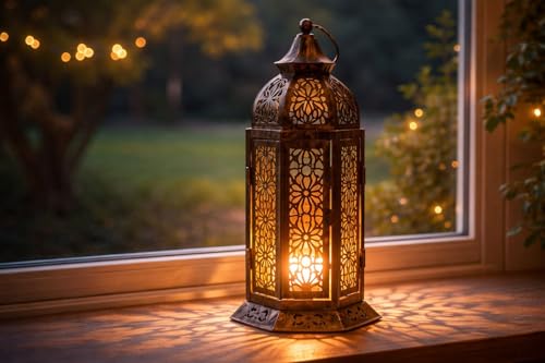 Moroccan Metal Lantern, Vintage Decorative Candle Lanterns for Indoor Outdoor Use, Table Centerpieces for Home, Christmas & Wedding Decor (Medium) - size: Medium