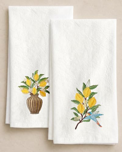 Embroidered Flour Sack Kitchen Towels, Lemon Branch | Exquisite Embroidery, Pure Cotton, Lightweight, Nostalgic Design, with Hanging Loop, Softer After Wash, Machine Washable - color: Lemon Branch