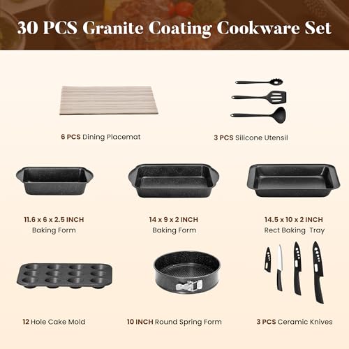 Kitchen Academy Induction Cookware & Bakeware Set, 30pcs Pots and Pans Set | Nonstick Kitchen Cookware Sets, Granite Cooking Pan and Pot Set, All-Stovetop Compatible, PFOS/PFOA-free, Black - color: Black, size: 30 PCS Cookware Set