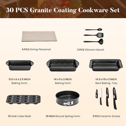 Kitchen Academy Induction Cookware & Bakeware Set, 30pcs Pots and Pans Set | Nonstick Kitchen Cookware Sets, Granite Cooking Pan and Pot Set, All-Stovetop Compatible, PFOS/PFOA-free, Black - color: Black, size: 30 PCS Cookware Set