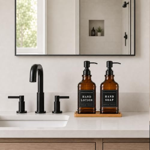 Amber Glass Soap Dispesner Set 2 16.9oz Kitchen Sink Luxury Bathroom Decor | Anti-leak Stainless Steel Pump, Bamboo Tray Silicone Funnel, Refillable Bottles with Waterproof Labels Residue Free - color: Dm2647-brown