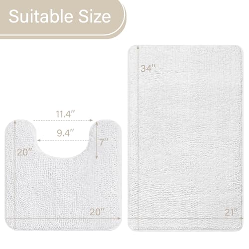 LOCHAS Bathroom Rugs Sets 2 Piece, 20''x20'' & 34''x21'', White | Non Slip U-Shaped Toilet Rug, Chenille Washable Absorbent, Soft Bath Mat Set for Shower, Sink - color: White