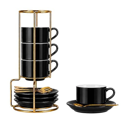 3 Ounce Espresso Cups Set of 4, Black | Stackable Demitasse Mugs, Includes Display Stand, Cups Saucers, and Spoons, for Machines & Home Use - color: Black