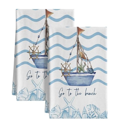 2pcs Ocean-Themed Kitchen Towels - Vibrant Starfish, Seashell & Sailboat Designs with Inspirational Quotes, Fiber Reusable Dishcloths for Coastal Home Decor, Housewarming - color: Oceanic Motif Design