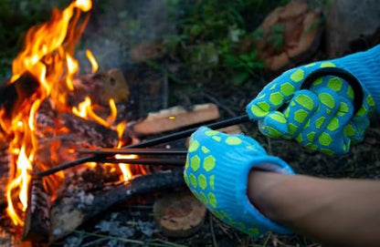 J H Heat Resistant Oven Glove: EN407 Certified 932 °F BBQ & Oven Mitts for Grlling, Baking, Kitchen, Camping,Fireplace Indoor&Outdoor 1 Pair - color: Sky-blue Shell With Yellow Silicone Coating