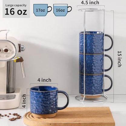 Nihow 16 OZ Ceramic Coffee Mug with Stackable Stand,Set of 4,Blue | Stainless Stand Included, Cappuccino & Tea, Hot/Cold Drinks, Dishwasher & Microwave Safe - color: Vivid Blue, size: 16 oz With Stand