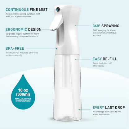 Continuous Spray Bottle for Hair, Refillable Gentle Mister (2 Pack, 10 Oz) | Long-Lasting Misting, Ultra-Fine Mist for Hairstyling, Cleaning Solutions, Planting, Pets, Barbers, Salons, Essential Oils - style: White & Black, 10 OZ
