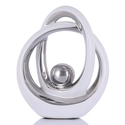 DOVDOV White and Silver Ceramic Abstract Sculpture, Modern Tabletop Statue for Living Room Decor, Decorative Accent for Coffee Table, TV Stand, Mantel, Entryway Console - color: White and Silver